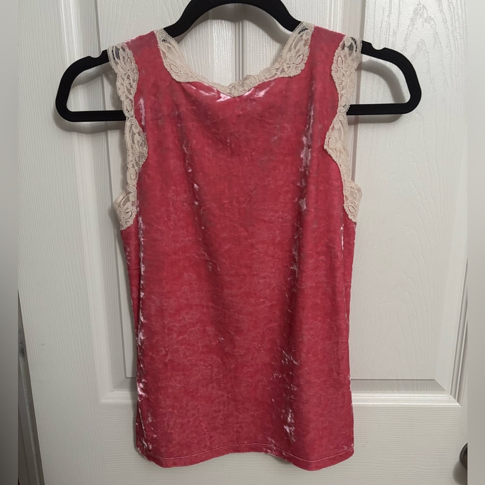 Banana Republic | Y2K Crushed Velvet Pink Tank Lace Trim Stretch Sz M - Picture 2 of 7